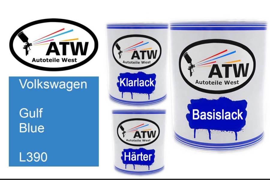 Volkswagen, Gulf Blue, L390: 1L Lackdose + 1L Klarlack + 500ml Härter - Set, von ATW Autoteile West.